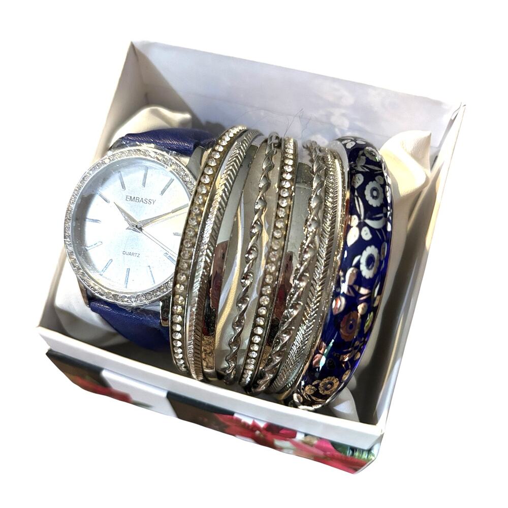 9-piece Elegant Blue Fashion Watch & Bangle Bracelet Set | NEW in Gift Box